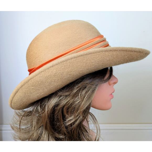 Vintage 1960s Sylvia Bollman Excello Wool Hat Camel w/ Orange Satin Band USA - Picture 7 of 13